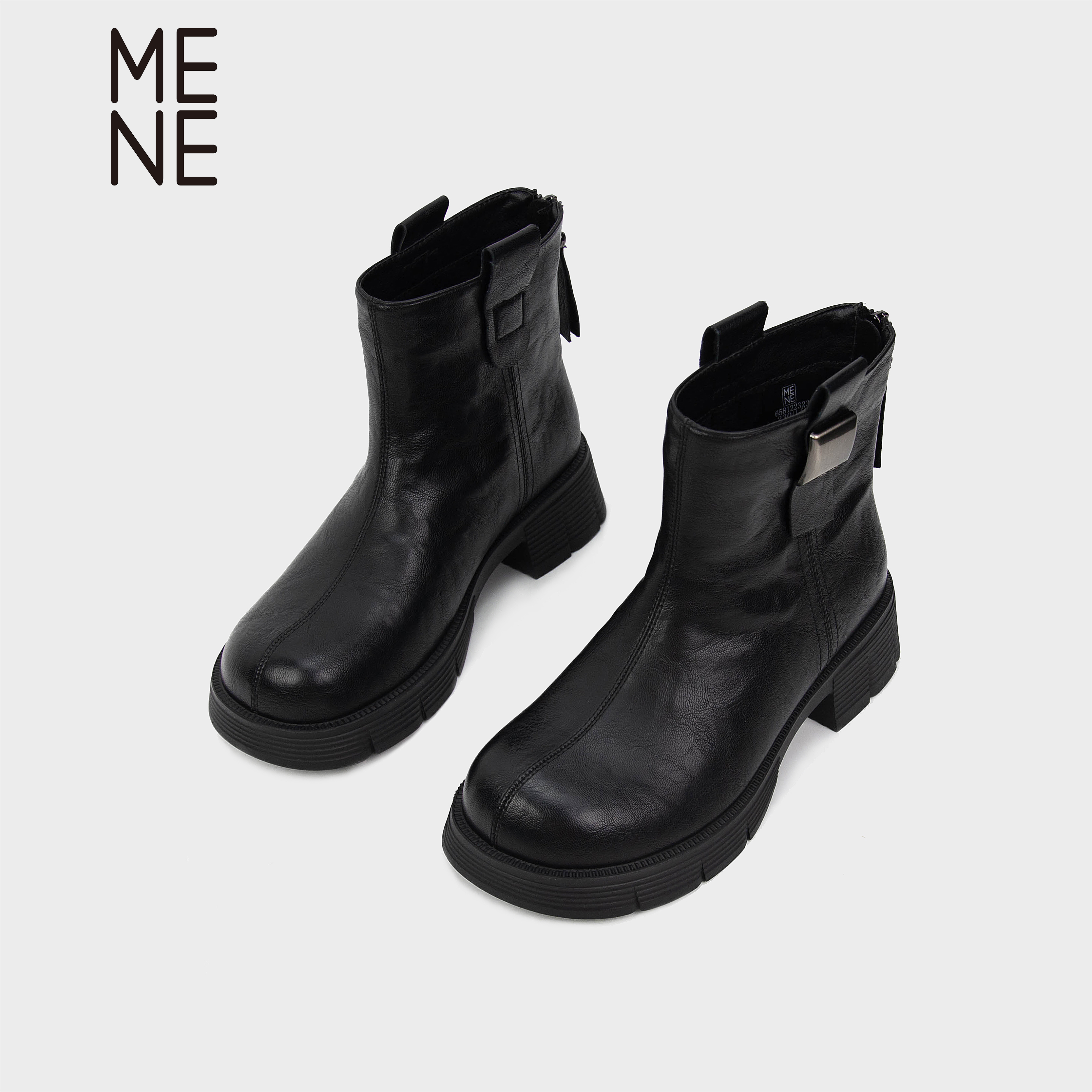 MENE新款黑色粗跟短靴