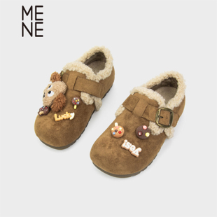 MENE（女鞋）毛绒勃肯鞋女2025冬季加绒雪地靴卡通装饰扣带棉鞋