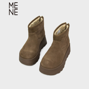 MENE（女鞋）复古翻边厚底短靴女2025秋冬加绒保暖百搭增高靴子