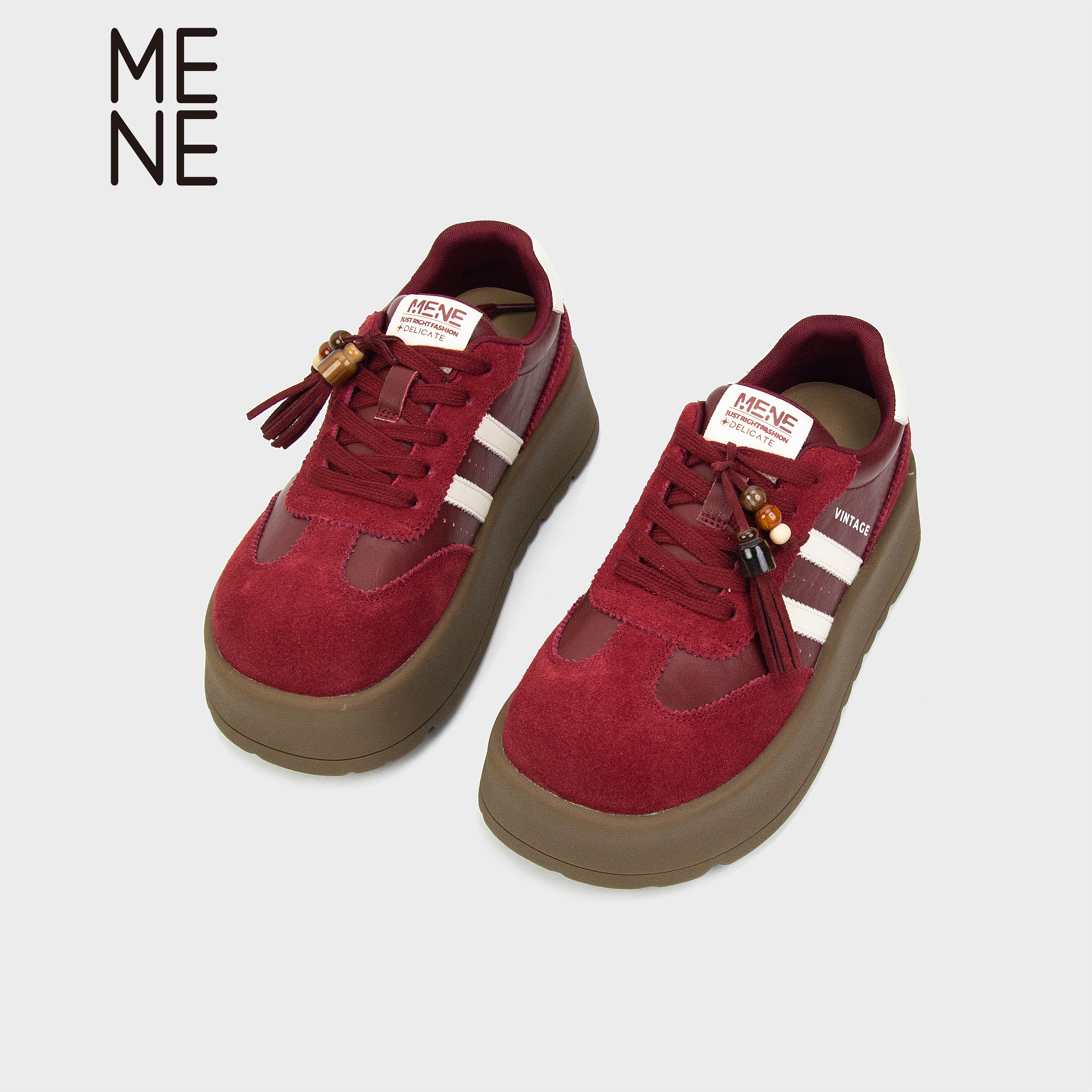 MENE德训鞋复古红色流苏板鞋