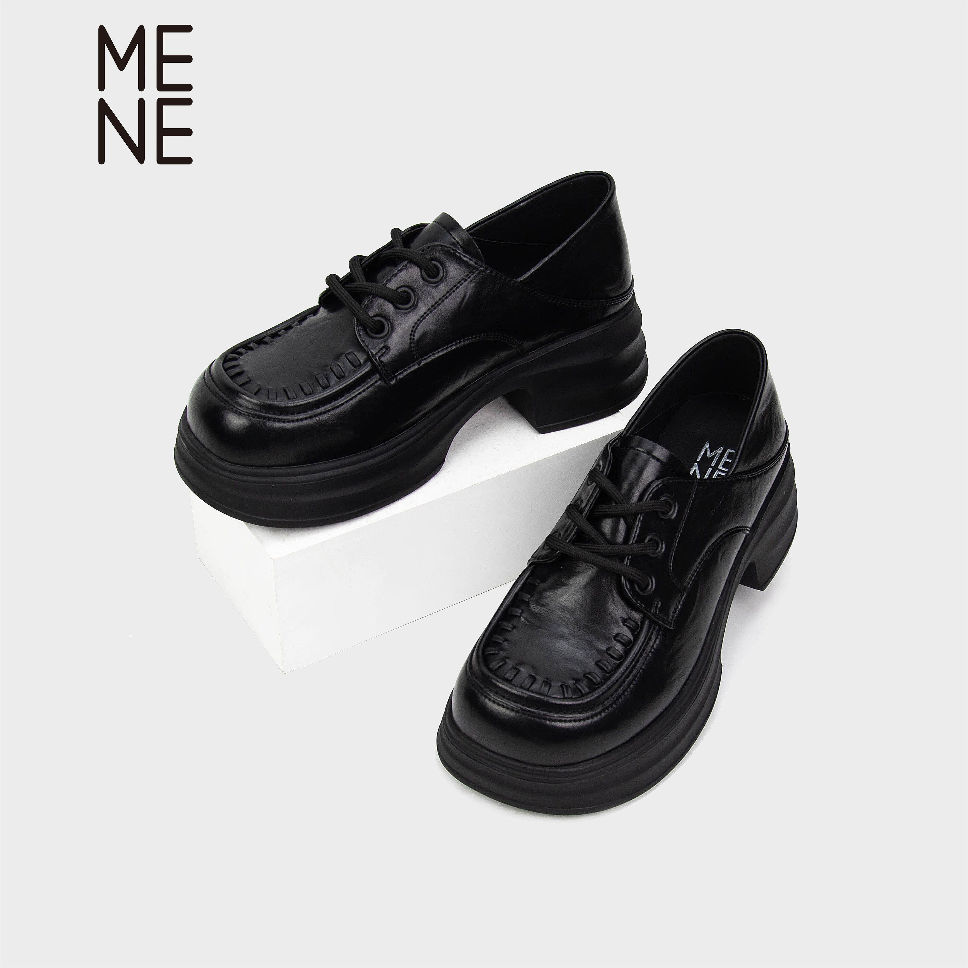 MENE（女鞋）英伦风厚底乐福鞋女黑色系带小皮鞋百搭松糕底单鞋