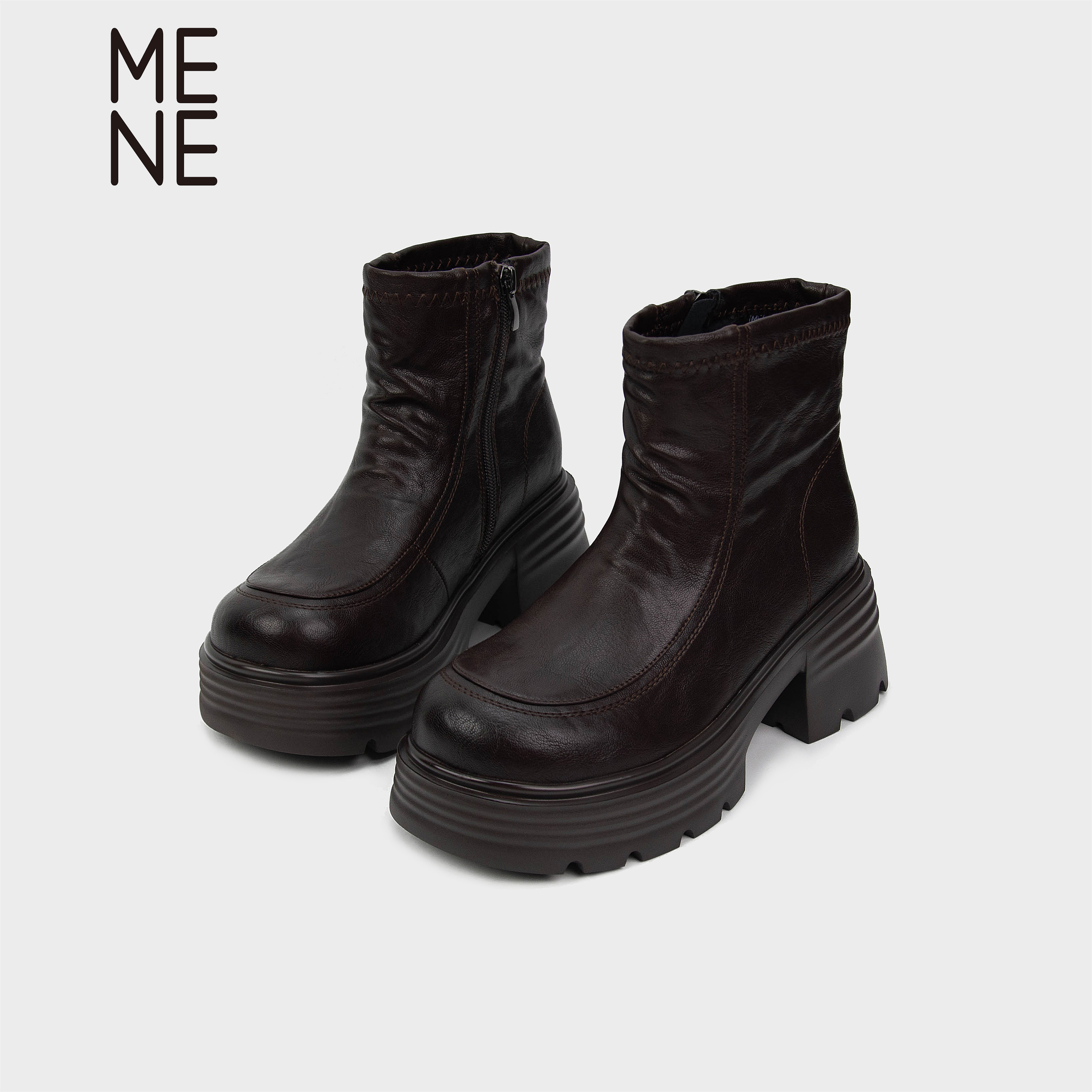 MENE薄绒厚底短靴黑色侧拉链