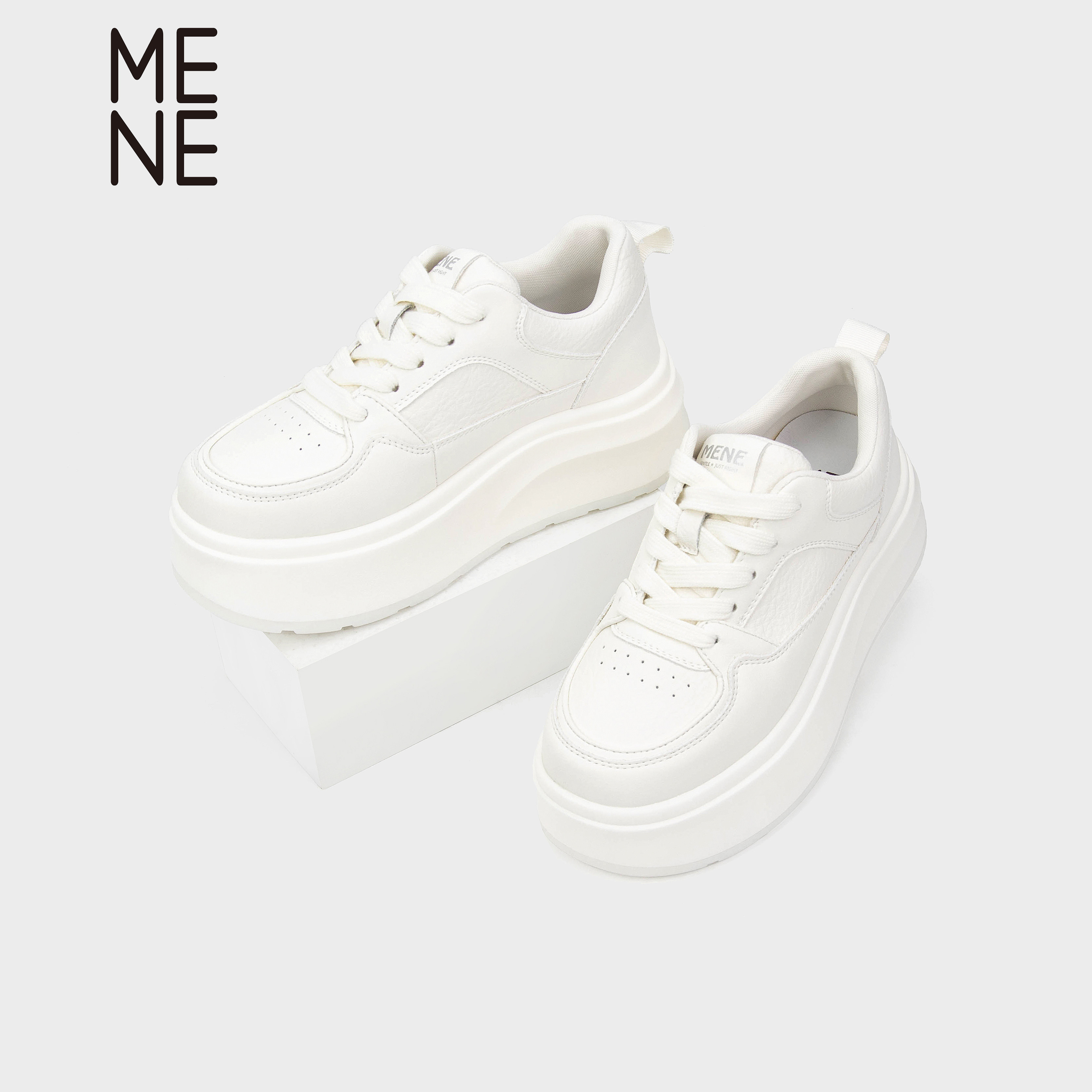 MENE（女鞋）厚底小白鞋女2026春夏系带休闲板鞋轻便显脚小百搭