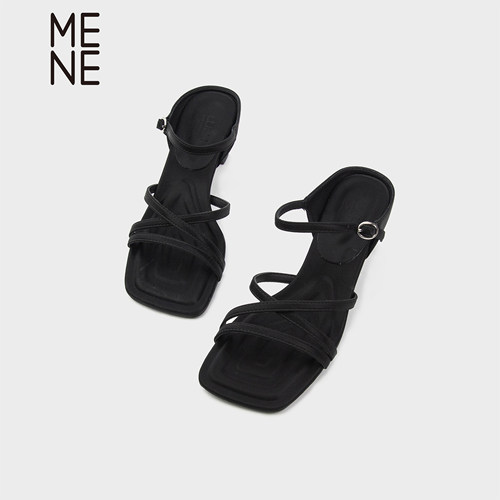 MENE方头中跟绑带罗马凉鞋女夏