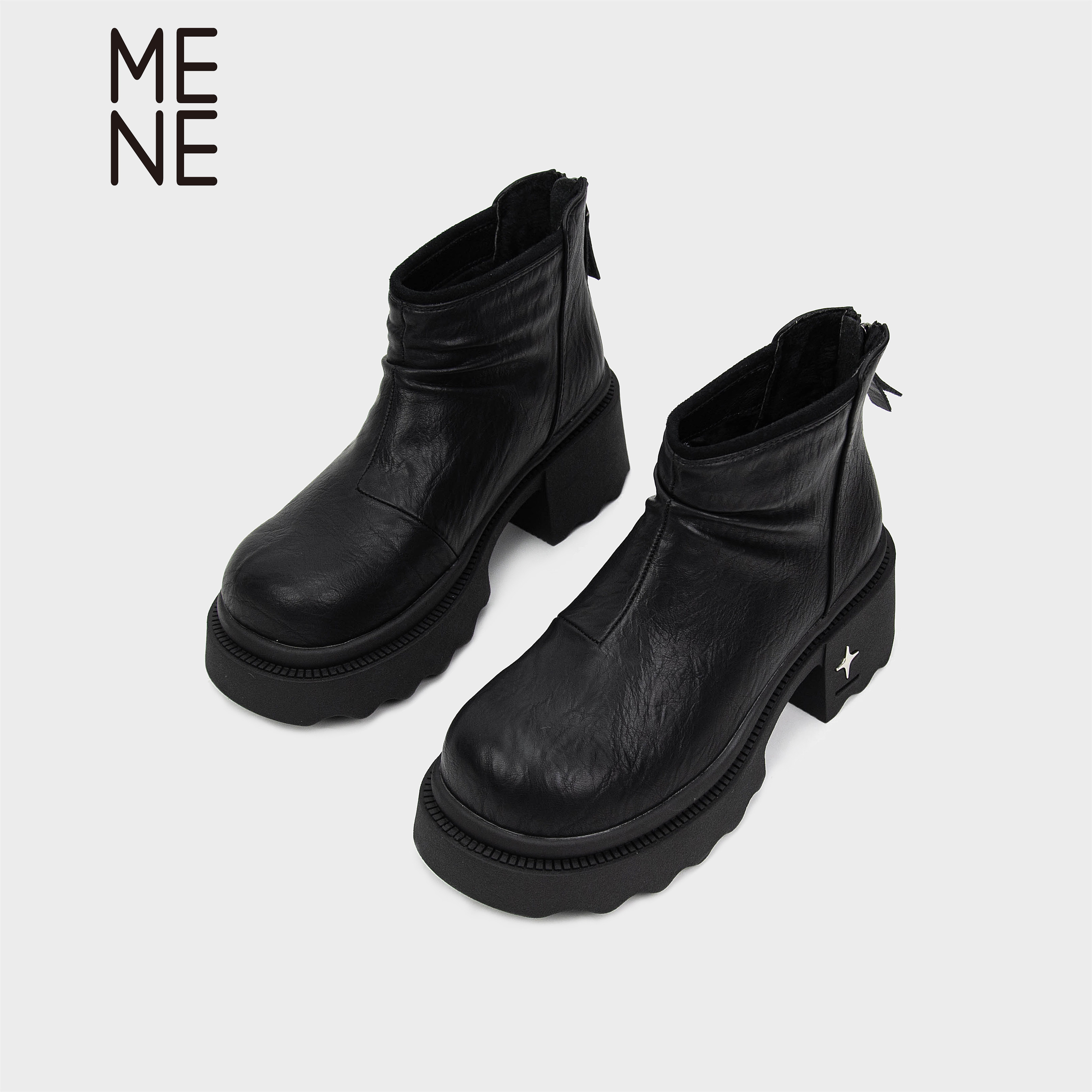 MENE（女鞋）黑色厚底短靴女2025秋冬百搭增高瘦瘦靴西部牛仔靴,女鞋,西部靴,淘宝优惠券,粉丝福利购,淘宝优惠卷