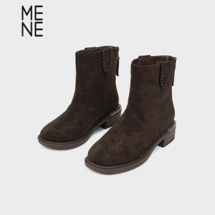 MENE（女鞋）羊反绒短靴马丁靴女2025新款粗跟女靴子英伦风短靴