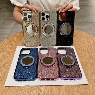 iphone14电镀13高级奢华女款 满钻补妆镜支架适用苹果15promax手机壳新款 外壳12全包11防摔手机保护套