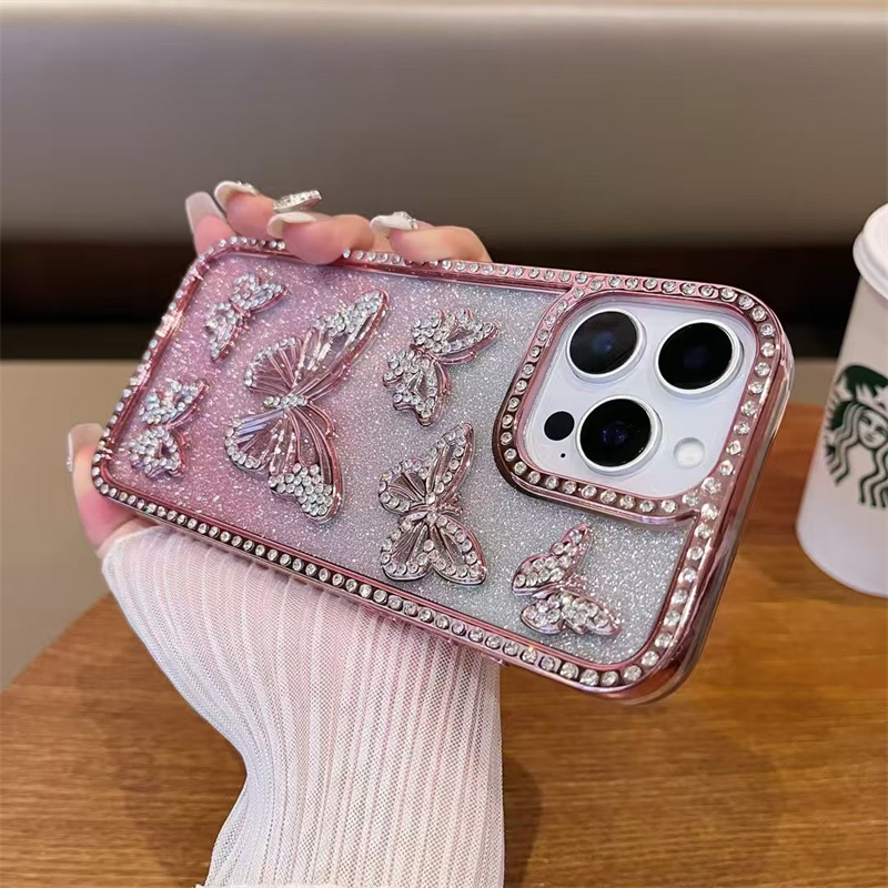 轻奢闪粉立体蝴蝶适用苹果16promax水钻手机壳iphone15新款透明高级感14全包13渐变12软硅胶女11防摔套小众潮