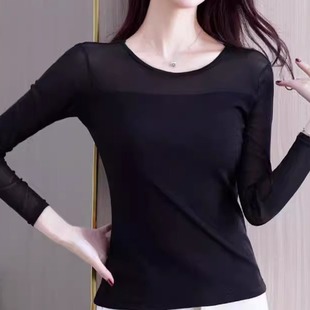 圆领薄款 2024春秋新款 长袖 拼接网纱打底衫 百搭上衣 蕾丝修身