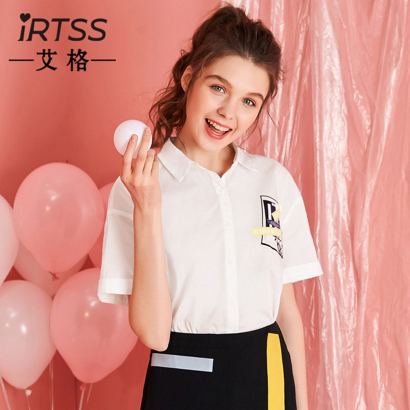 艾格时尚休闲衬衫女装2023夏季新款高端纯棉印花单排扣POLO衫上衣