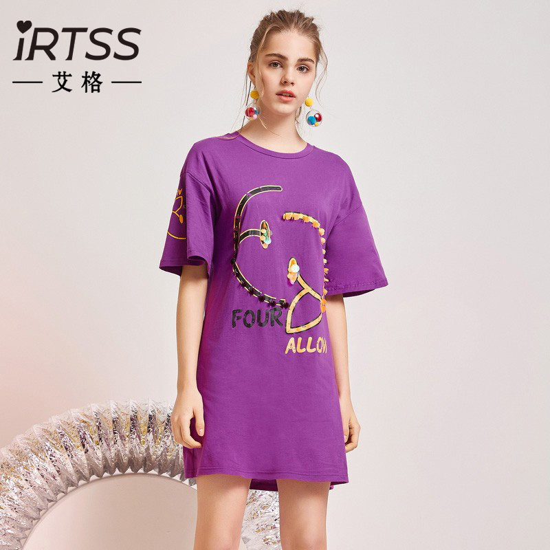 艾格时尚休闲纯棉中长款T恤连衣裙2023新款夏季百搭宽松日常上衣