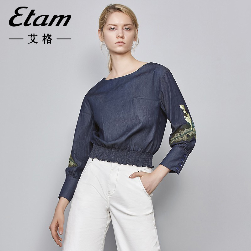 艾格时尚休闲气质纯棉T恤女2023春夏季新款刺绣收腰系带上衣衬衣