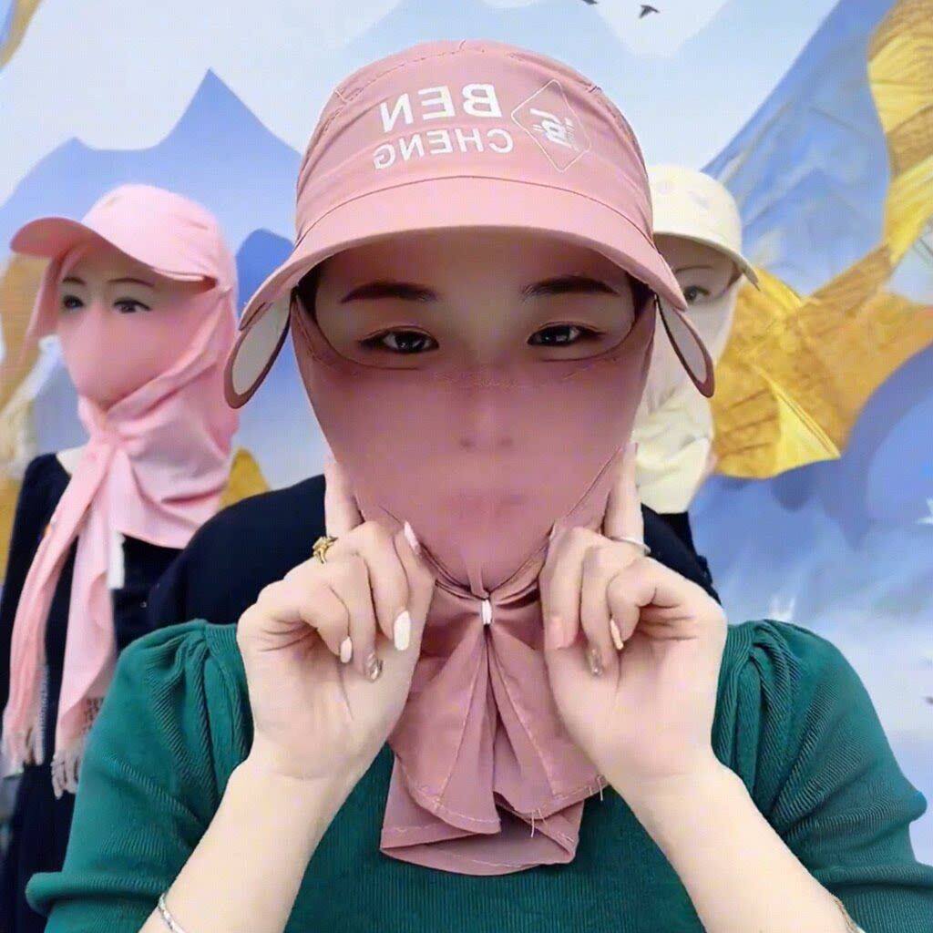 大帽簷透气防晒帽 女性夏季骑车遮阳帽 遮脸护颈一体设计 聚酯纤