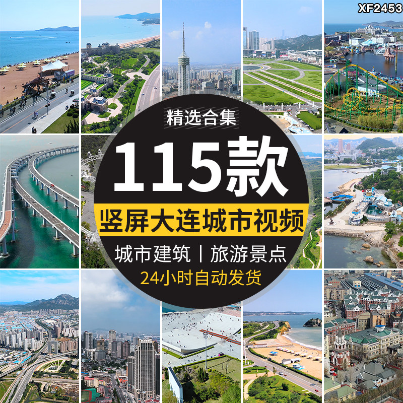 竖屏大连城市建筑风光港口海岸海边跨海大桥旅游自然风景视频素材