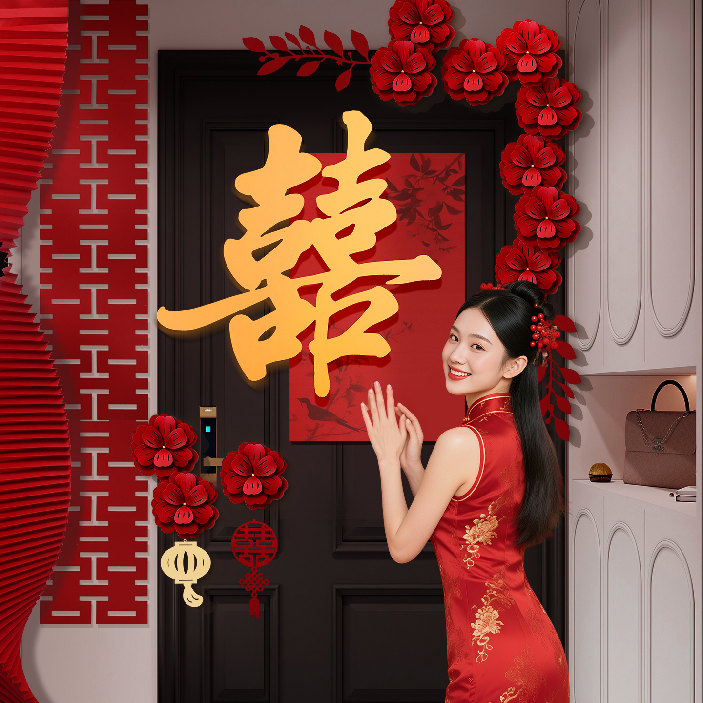 佰聚鑫结婚门上装饰喜字套装kt板