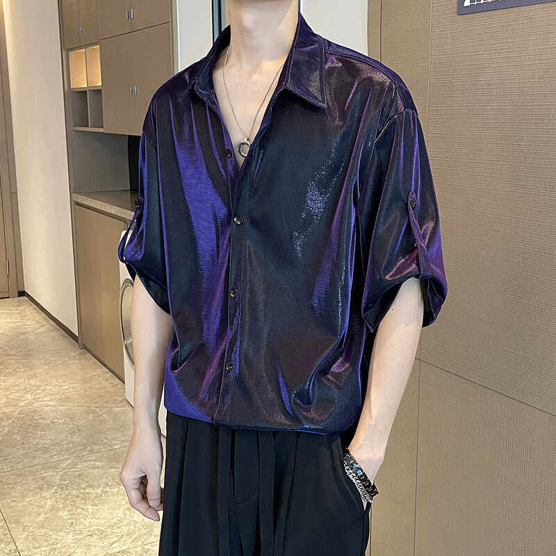 衬衫男痞帅高冷渐变紫色夏季冰丝