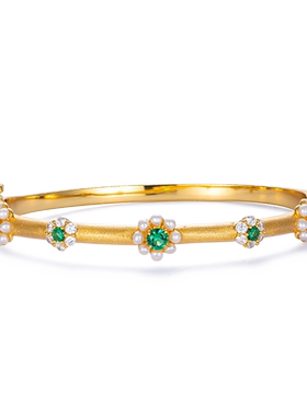 JCJ时装珠宝HighJewelPlay925银珍珠小花绿色琉璃戒指手镯耳环