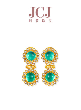 JCJ时装珠宝艺术派系列925银复古绿色素面琉璃石耳饰