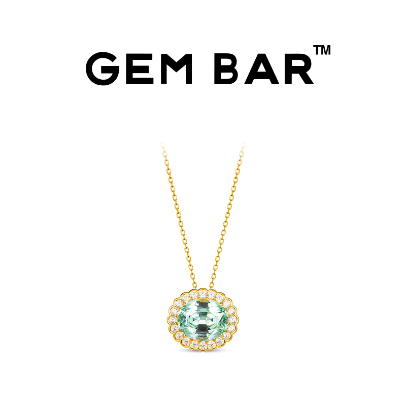 JCJ时装珠宝GEMBAR 9K金锆石椭圆薄荷绿色合成蓝宝石项链两用款