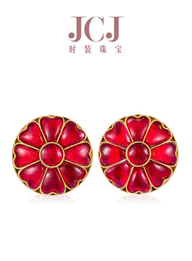 JCJ时装珠宝艺术派系列925银复古红色琉璃花朵耳饰
