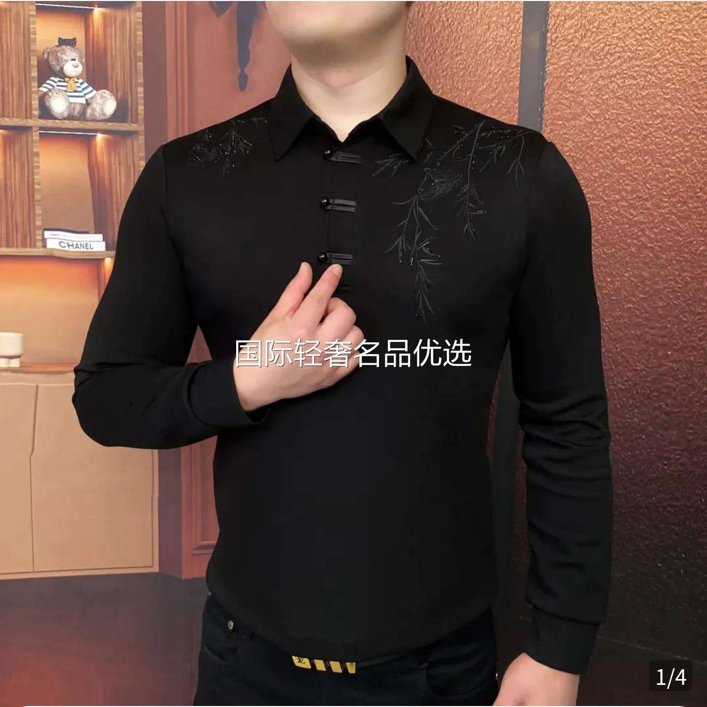 宏商男装店总裁同款衬衫男士秋季新款翻领刺绣卫衣长袖时尚打底衫