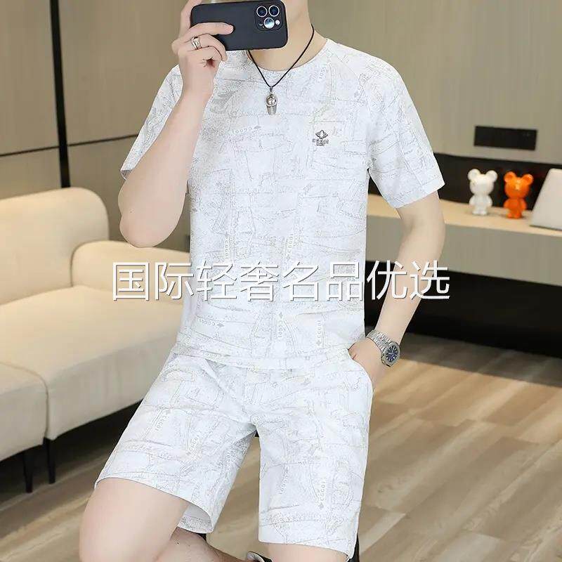 迪澳苏洛男装男士夏季休闲两件式圆领短袖T恤加短裤潮流套装2682