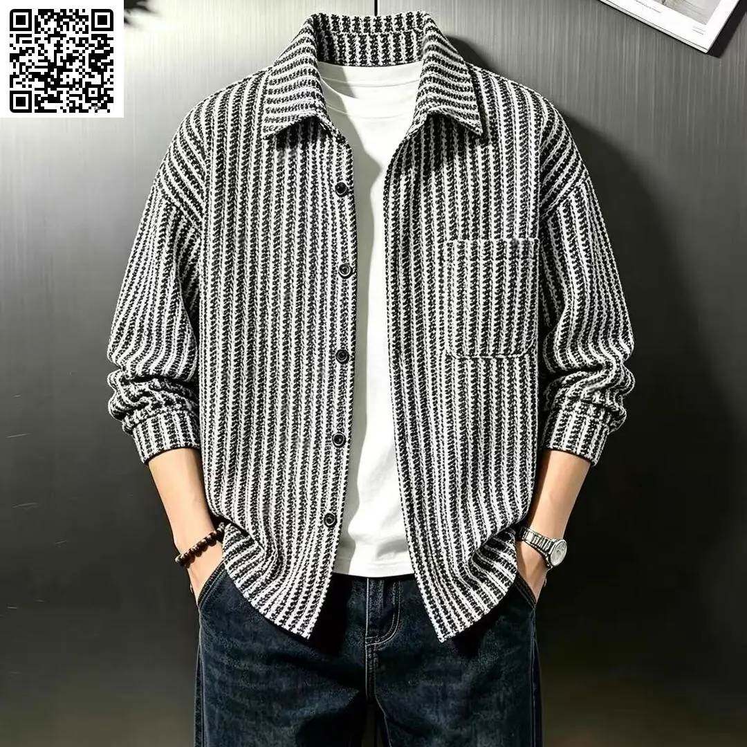 源川服装店美式小香风条纹衬衫男款秋季痞帅高级感夹克外套男衬衣