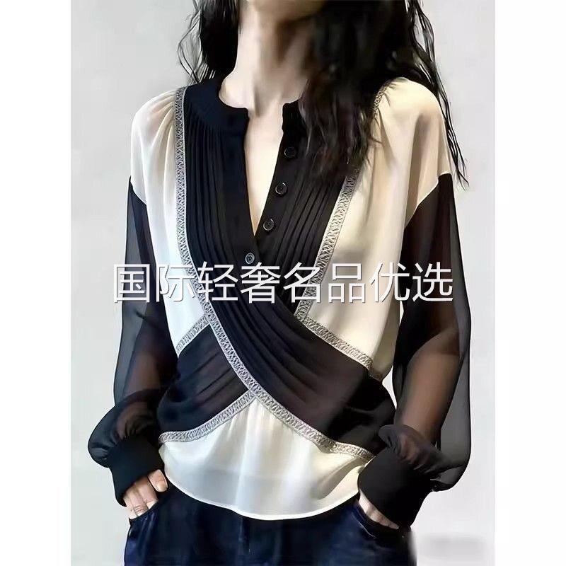 织序韩版女装小众设计黑白撞色交叉网纱拼接衬衫夏季气质时尚上衣