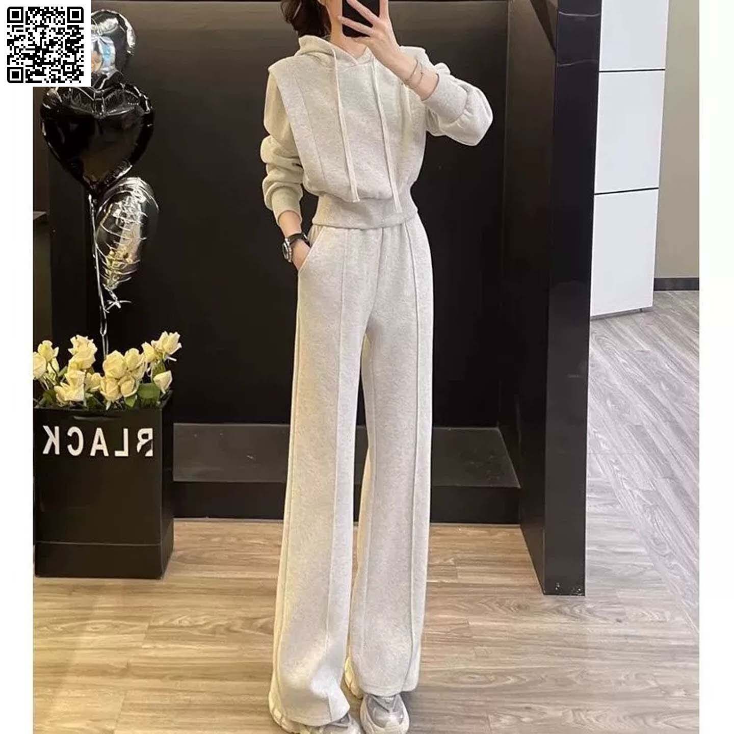 维乾春秋季韩系休闲风套装女小香风运动两件套时尚连帽卫衣阔腿裤