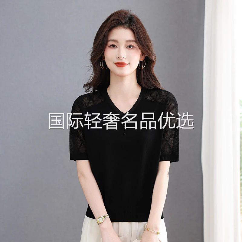 点击率女装v领镂空冰丝短袖t恤夏季新款蕾丝领钉珠显瘦针织上衣