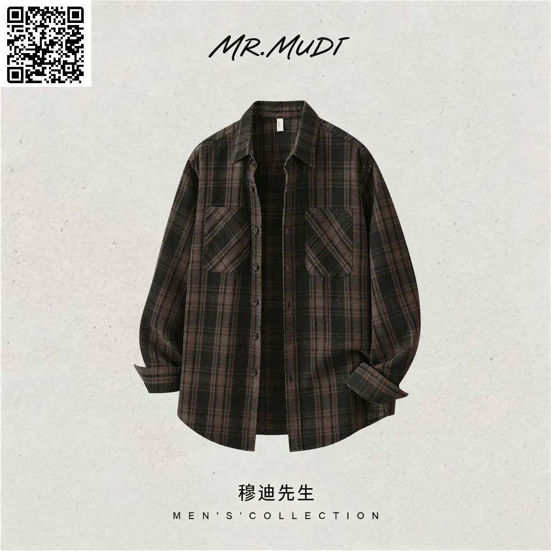 MR.MUDI/穆迪先生美式复古格纹长袖衬衫秋季男士潮流宽松百搭衬衣