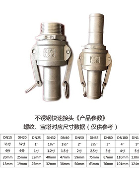 304不锈钢快速接头1寸C外丝螺纹扳把卡K扣式钢丝软管水管水泵快接