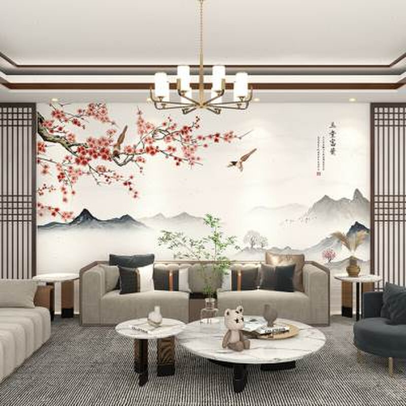 新中式梅花花鸟玉堂富贵电视背景墙壁纸客厅卧室影视墙布装饰壁画