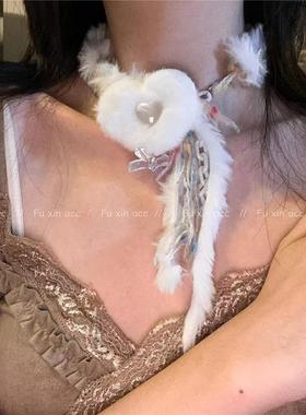 白色毛绒choker爱心项炼甜美纯欲风夸张锁骨炼百搭脖子配饰秋冬女