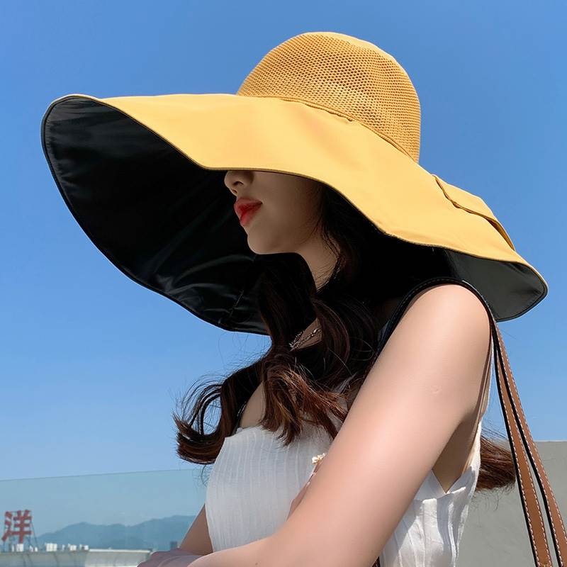 帽子女夏季防晒遮阳帽紫外线黑胶超大帽檐渔夫帽遮脸太阳帽18cm