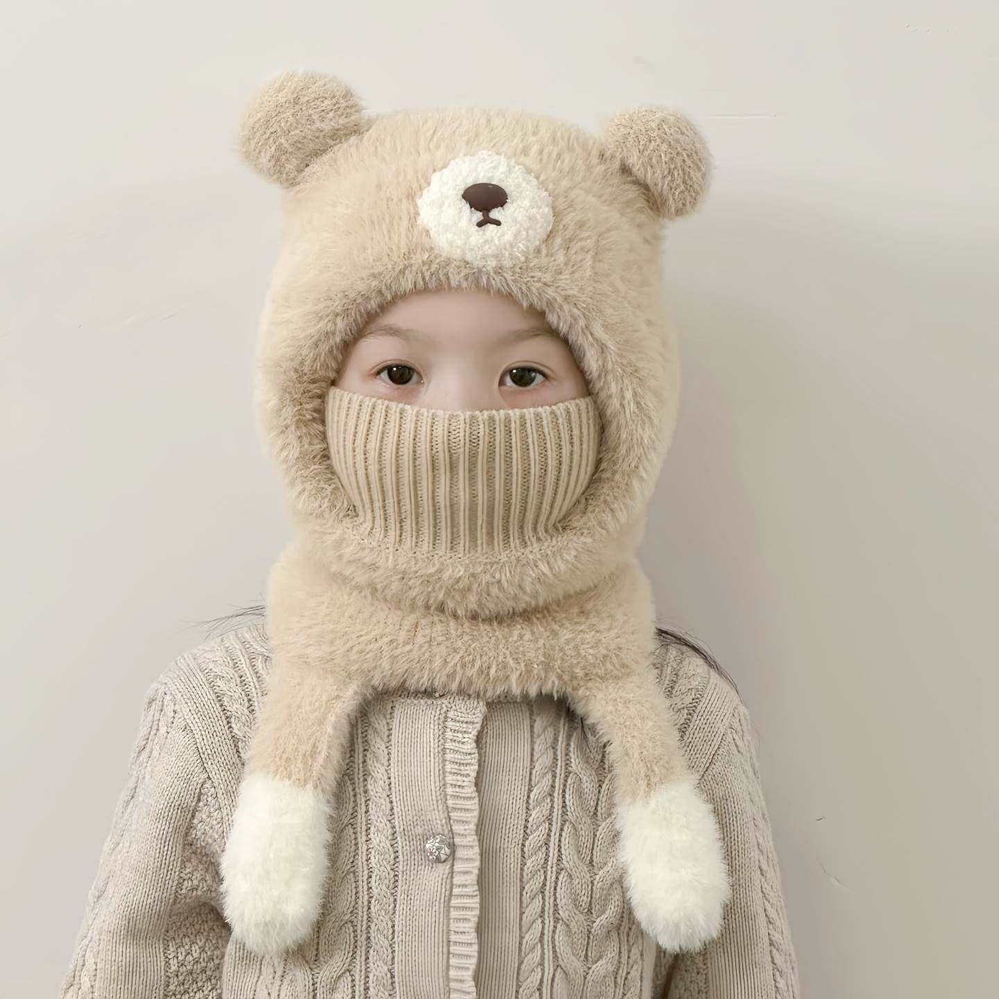 儿童帽子秋冬款可爱小熊男童围脖口罩一体毛绒保暖女宝套头护耳帽