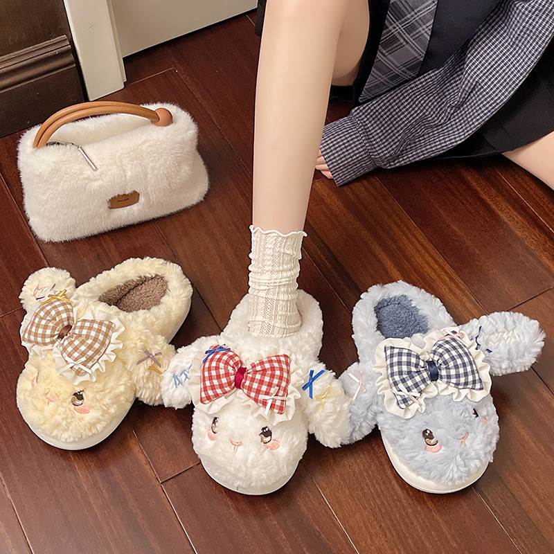 网红爆款蝴蝶结兔子棉拖鞋女2025秋冬新款可爱少女心百搭毛毛拖鞋