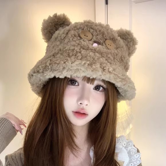可爱小熊耳朵纽扣毛绒渔夫帽女秋冬保暖显脸小盆帽加绒大头围帽子