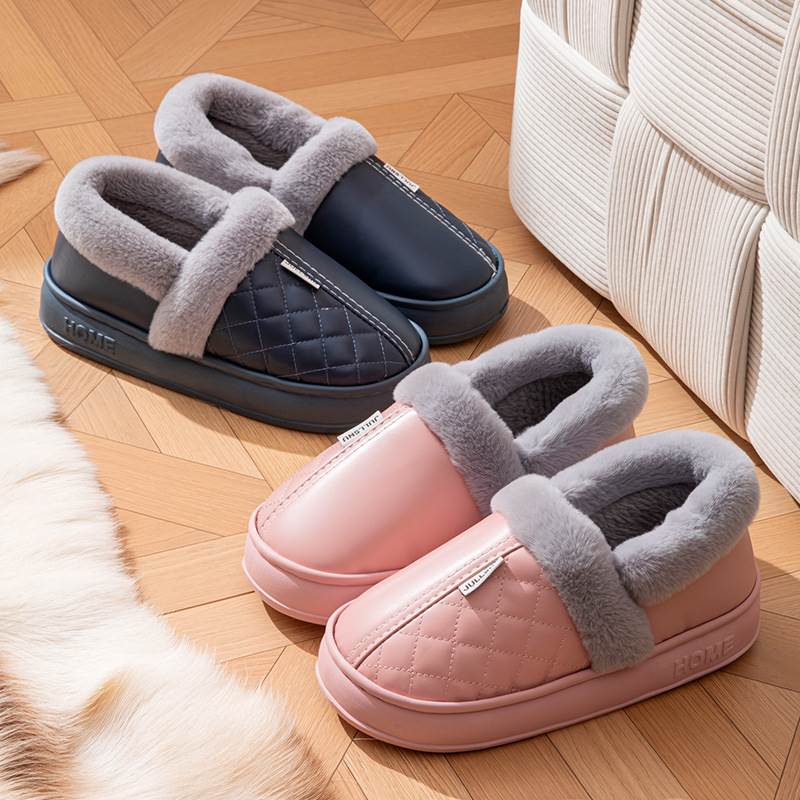 pu防水棉鞋冬季新款居家居厚底毛绒鞋保暖防滑皮面包跟棉拖鞋男女