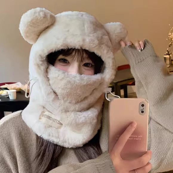 可爱毛绒小熊帽子围巾一体女新款冬季加厚保暖东北防寒装备套头帽
