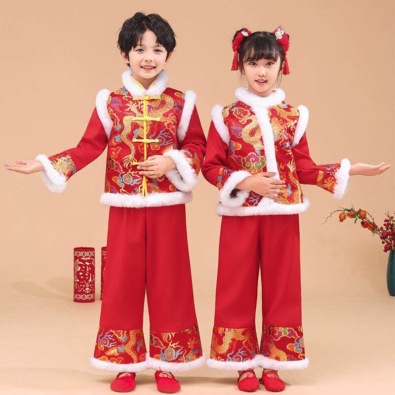 汉服女童冬季新年套装儿童中国古装加厚唐装过年宝宝衣服拜年服装