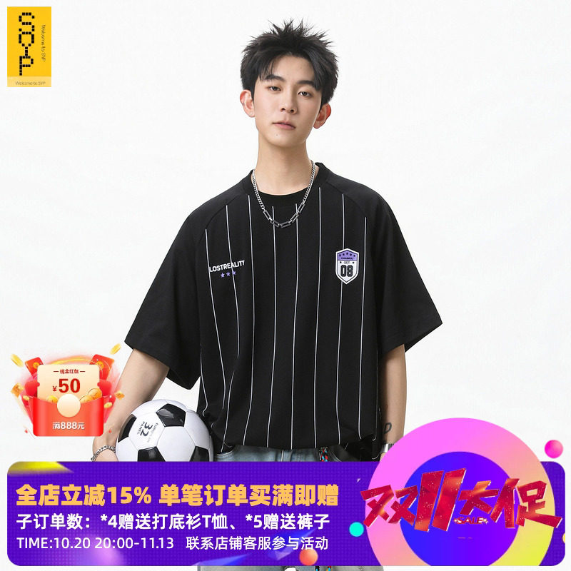 SYP日系不系男生夏季美式复古印花撞色条纹运动球衣潮牌短袖T恤