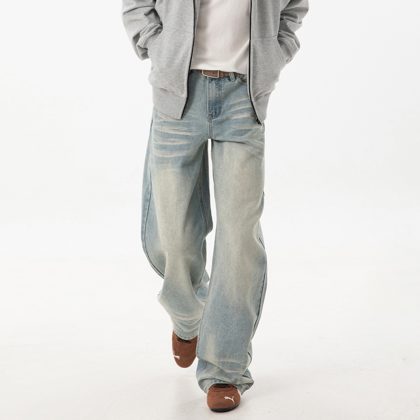 美式复古水洗直筒牛仔裤男做旧