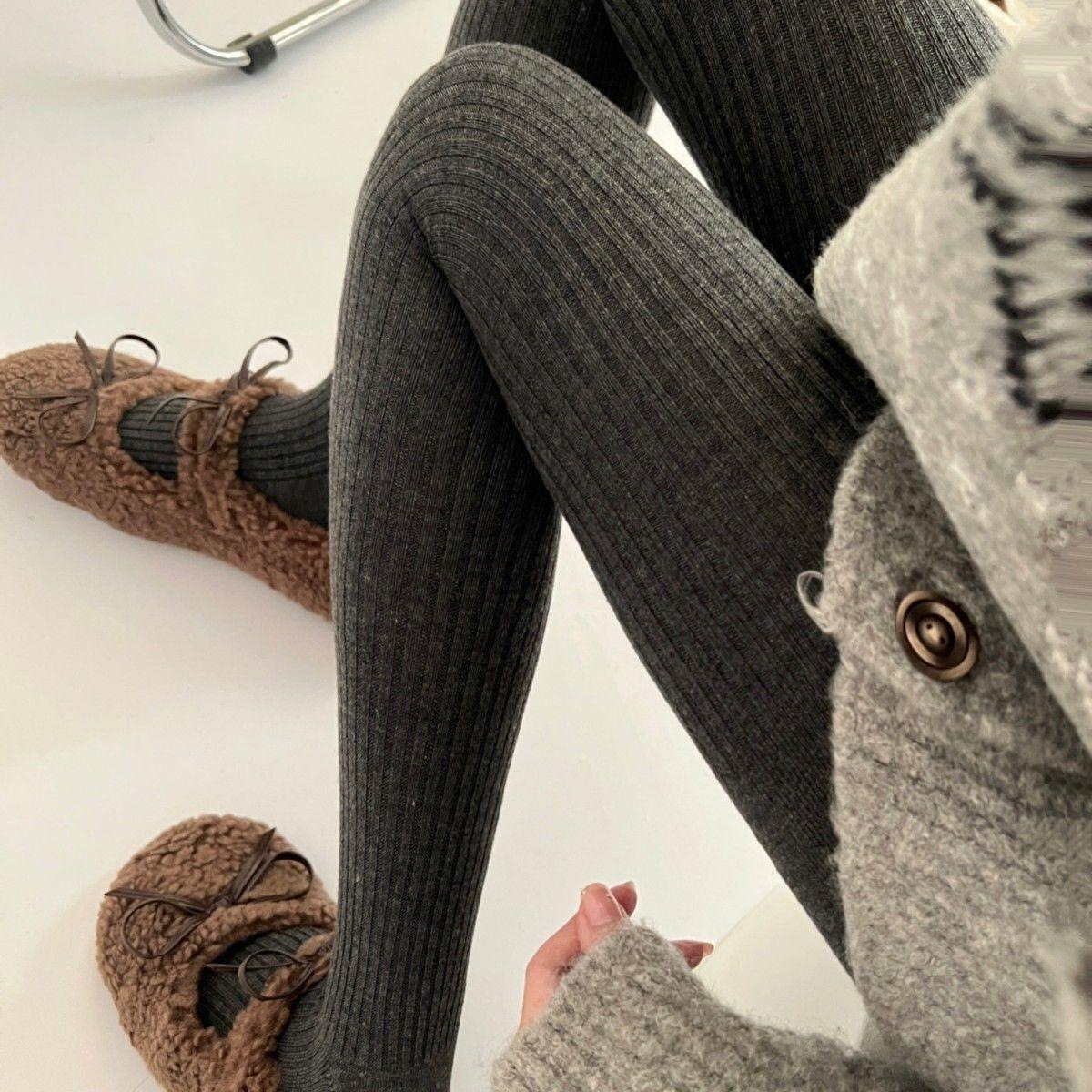 羊毛竖条纹高端自发热打底美拉德咖色连裤袜女秋冬加绒宽条直角跟