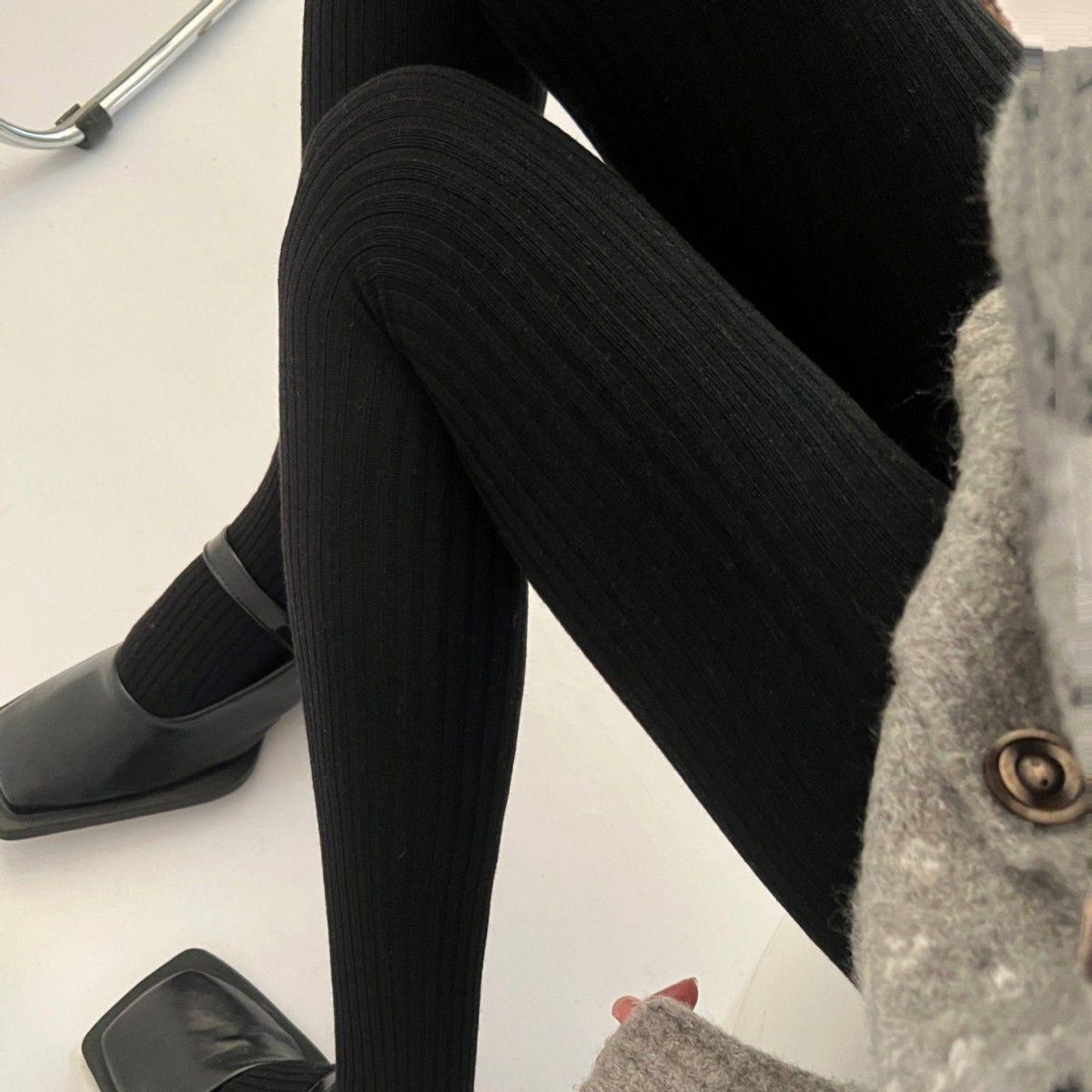 羊毛混纺竖条宽条连裤袜显瘦美拉德自发热女打底袜直角跟秋冬加绒