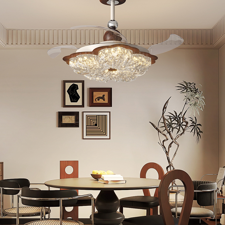 意式极简轻奢风扇灯花朵水晶砂中古风卧室灯电扇一体灯餐厅吊扇灯
