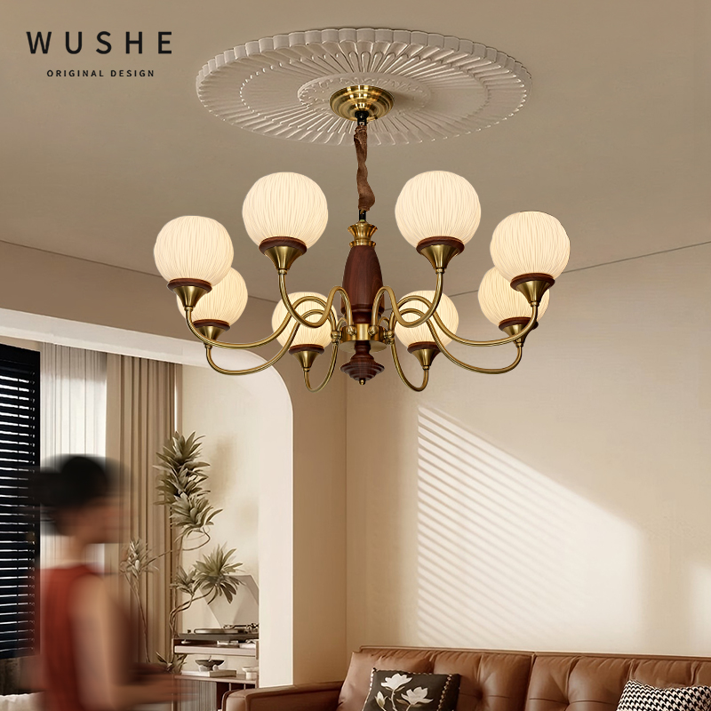 法式中古客厅吊灯胡桃木色