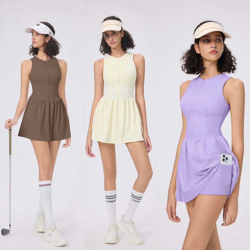 秉色春夏新款运动两件套高尔夫圆领连衣裙女跑步防走光羽毛网球裙