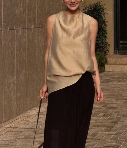 LiHuiEr李慧儿 雾里寻光 天丝极简风衬衣无袖背心女法式荡领上衣