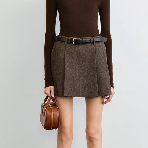 蝶之河轻奢混色羊毛花呢VTG复古摩登知识分子风A字双腰袢百褶短裙